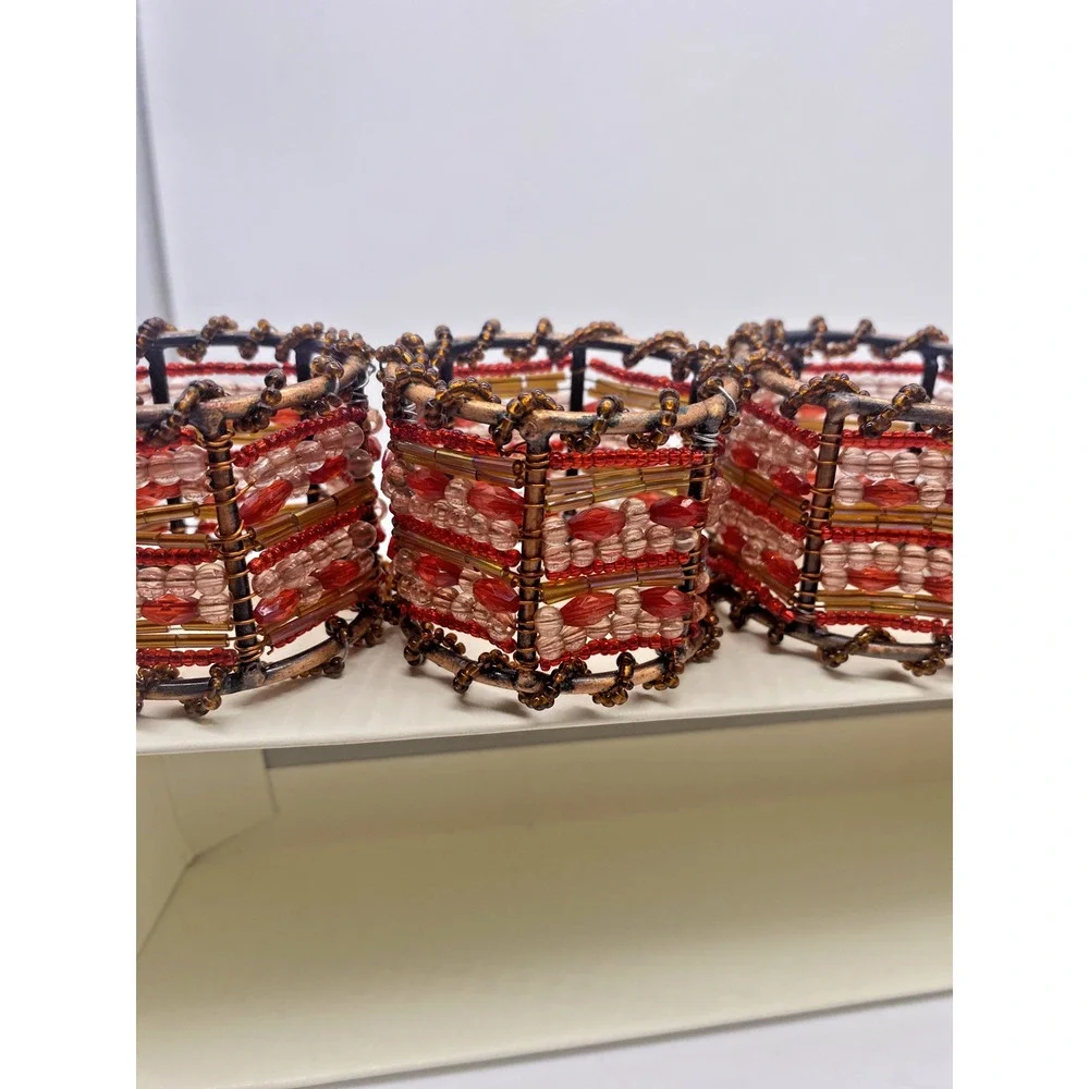 Pier 1 Imports Napkin Rings Moroccan Beaded Brown Red Y2K Boho Earthy Retro NEW